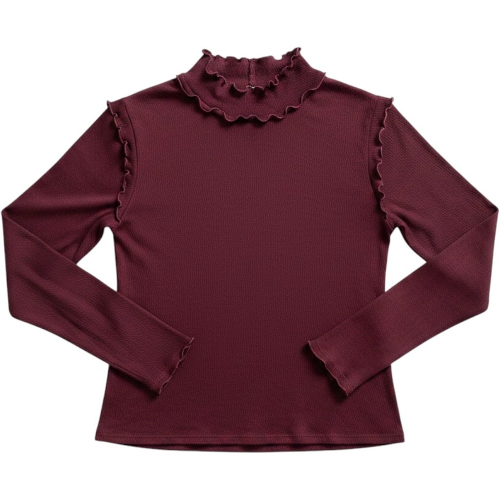 WHO WHAT WEAR | Mock Neck Top Womens L Burgundy Excellent Ruffle Lettuce Trim